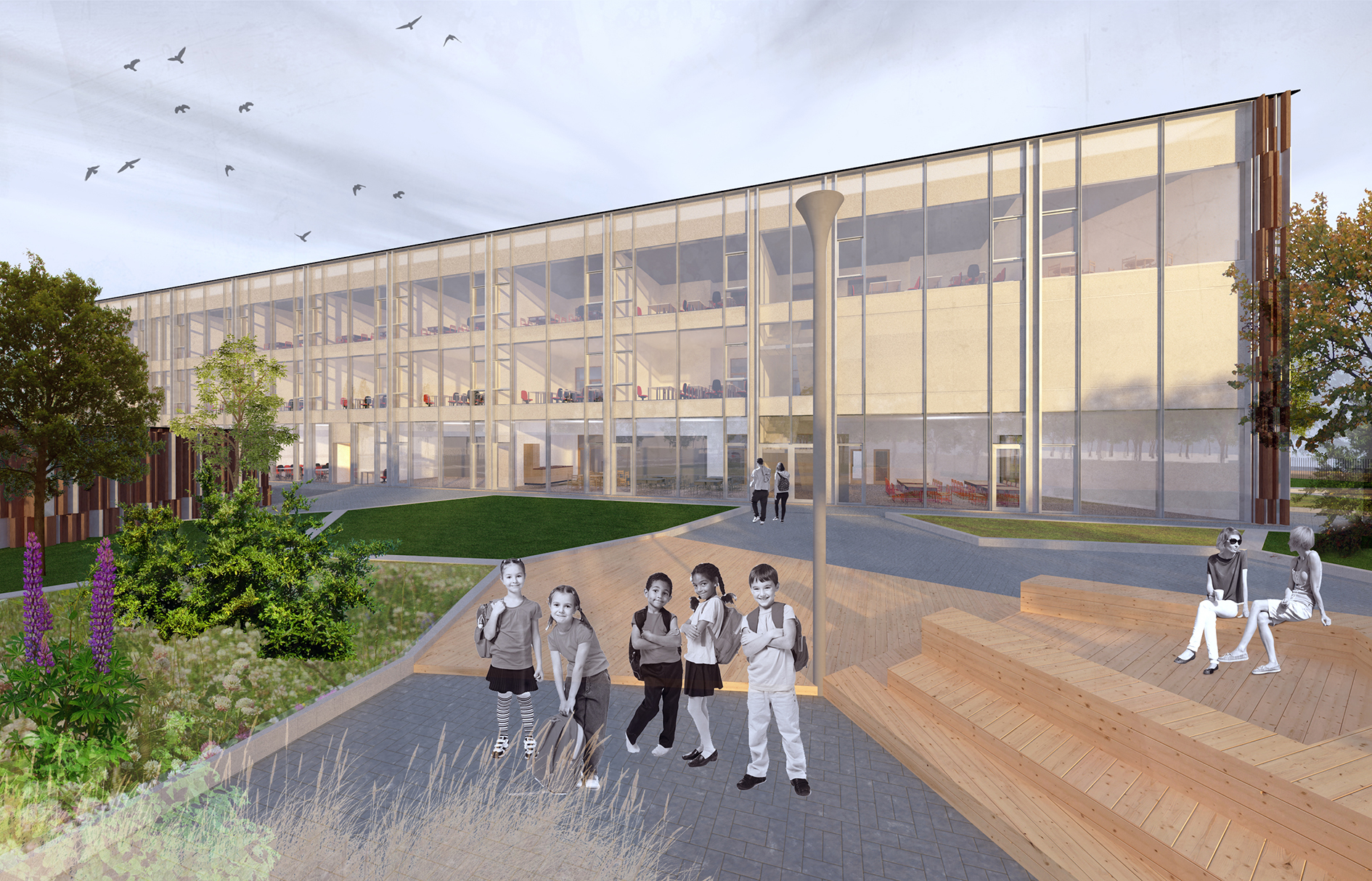 Sillamäe Old Town School — courtyard elevation with the glazed classroom wing