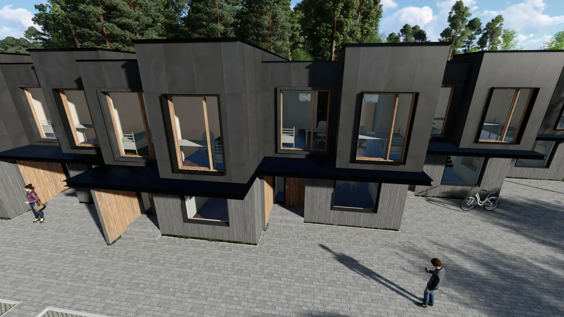 Laaneserva Row Houses, Viimsi — close view of the articulated facade volumes, visualisation by Tõnis Savi