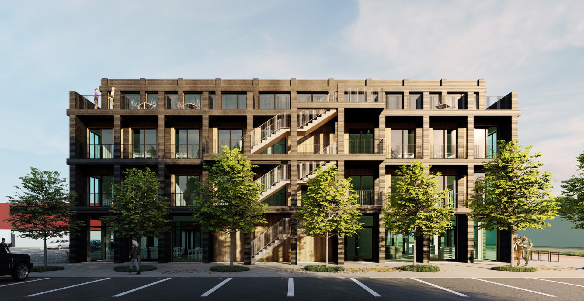 Saue Commercial Building — main facade elevation with balconies and open stairs, visualisation