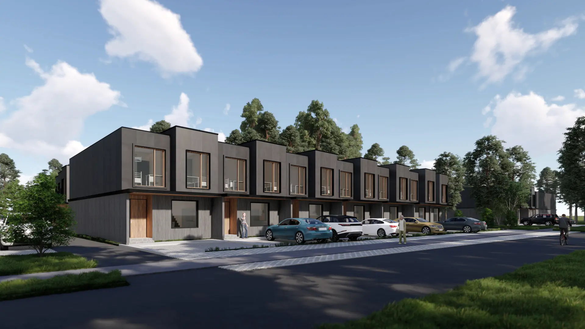 Laaneserva Row Houses, Viimsi — street view of the row house volumes, visualisation by Tõnis Savi