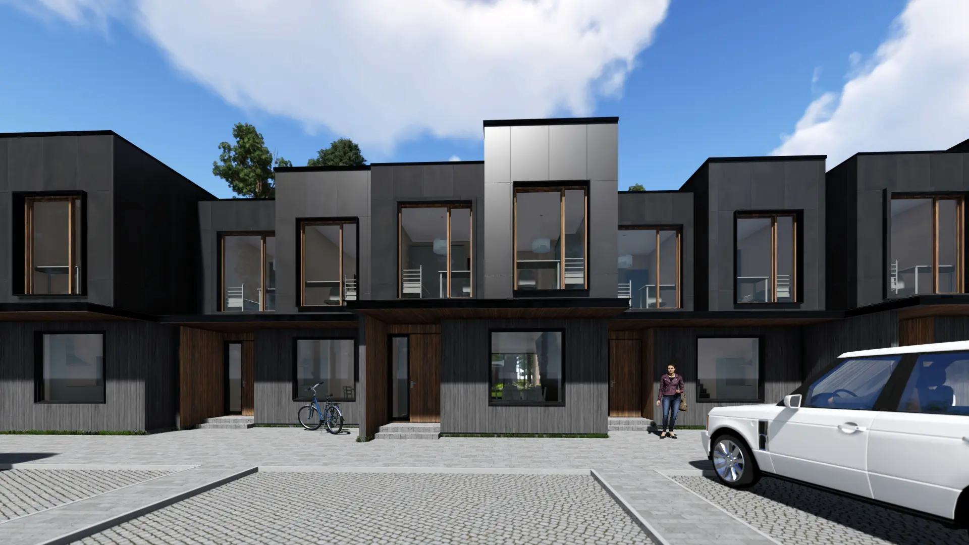 Laaneserva Row Houses, Viimsi — frontal view of entrances and upper volumes, visualisation by Tõnis Savi