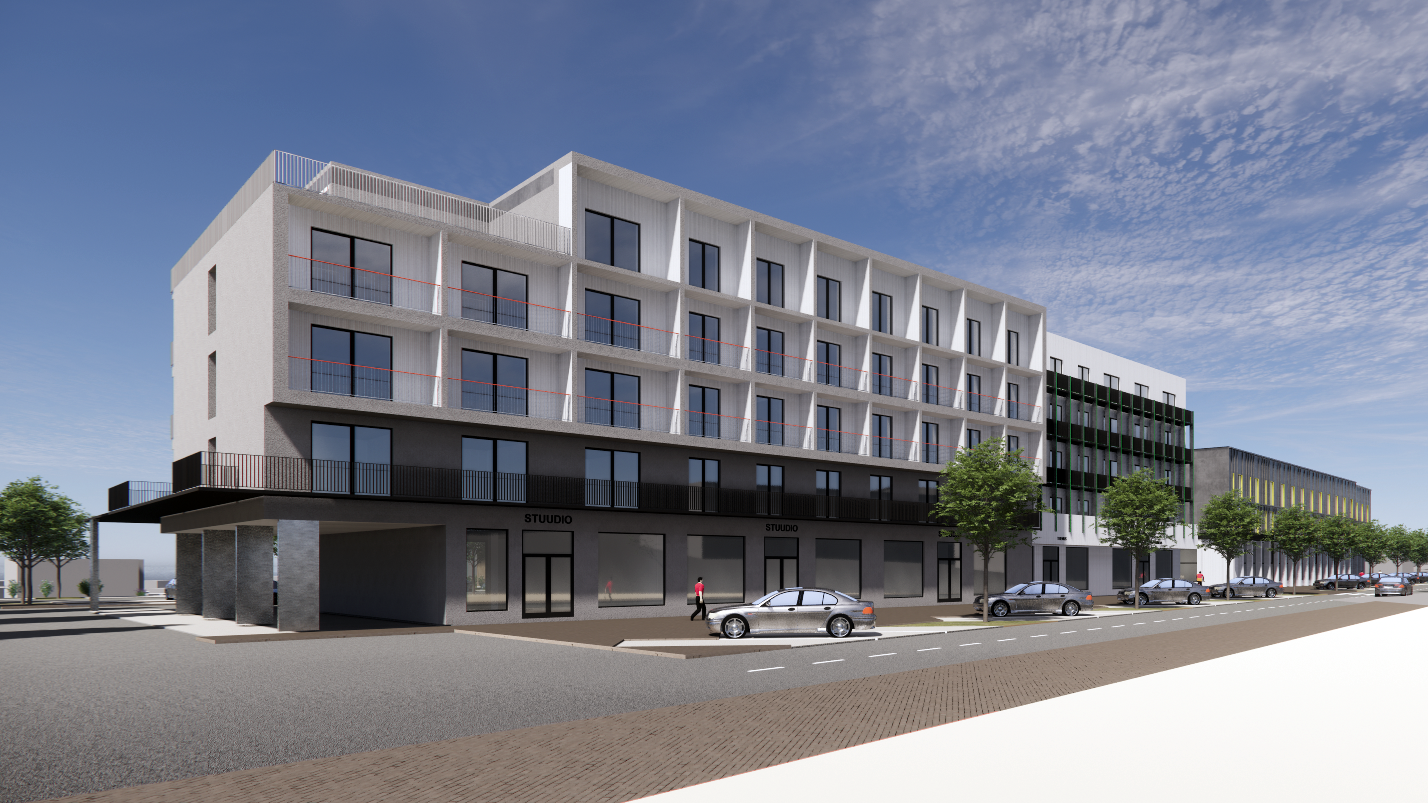 Veerenni 54 — S2 building seen from the street with studios at ground level, visualisation