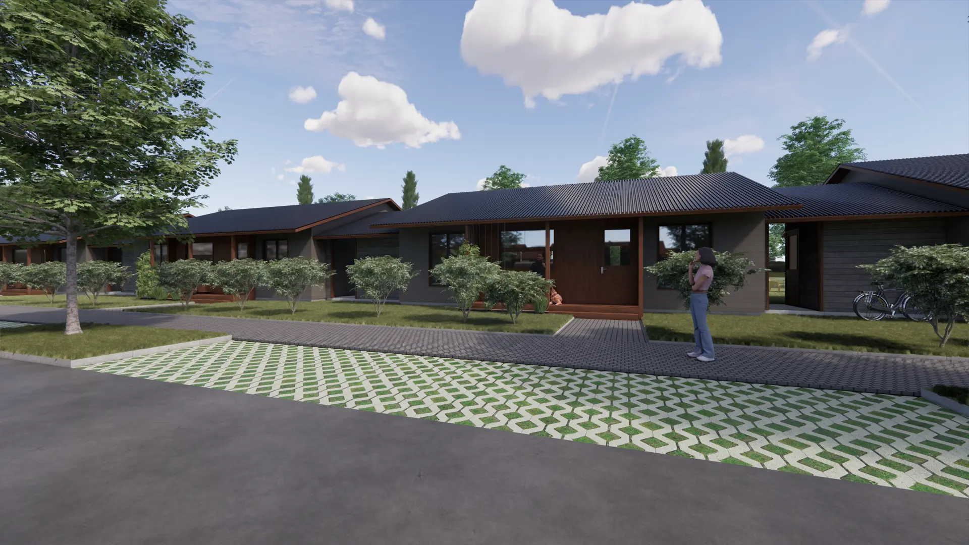 Kirsiaia Row Houses, Vääna — larger house from the side street, visualisation by Tõnis Savi