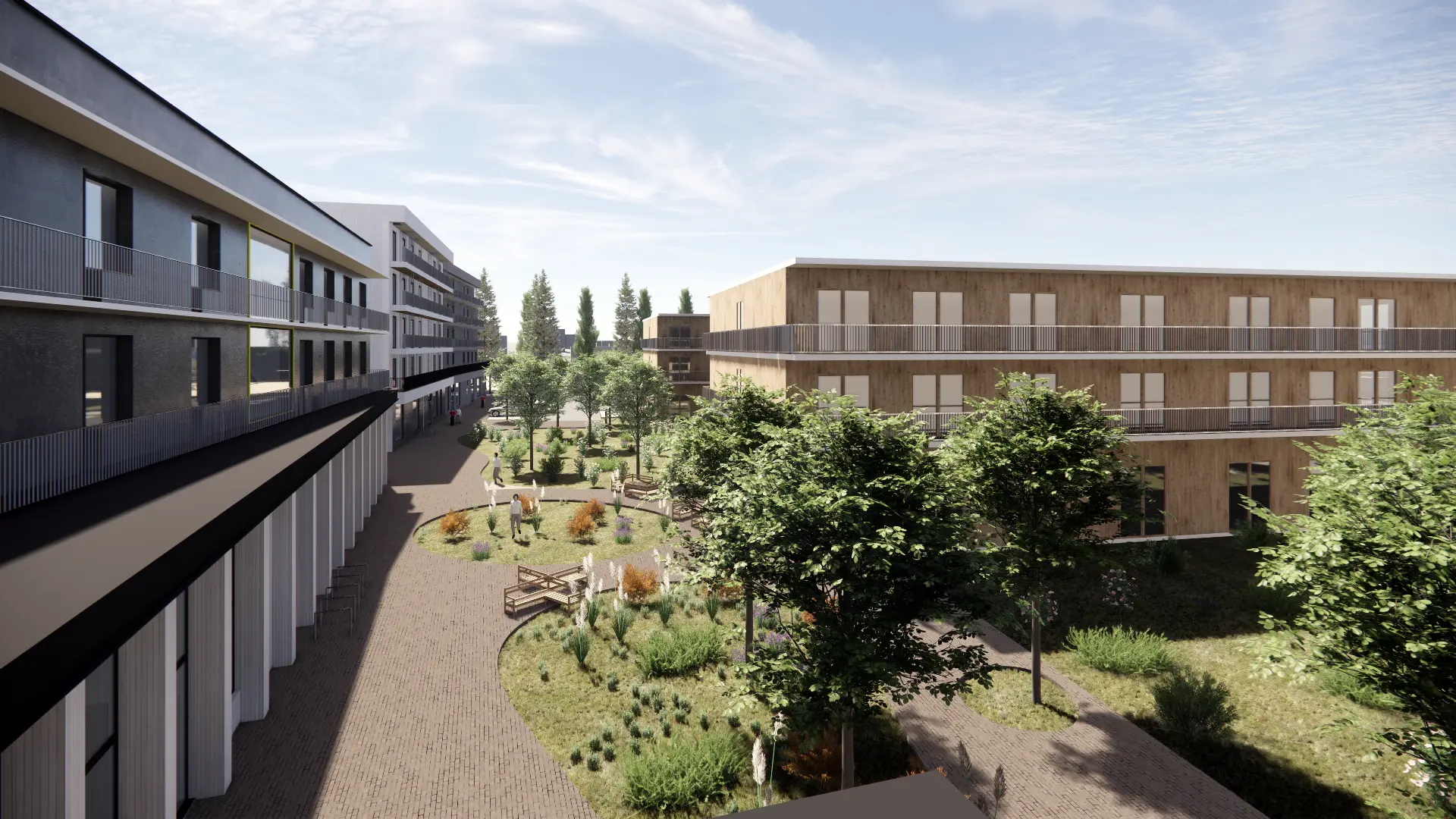 Veerenni 54 — landscaped courtyard between the buildings, visualisation