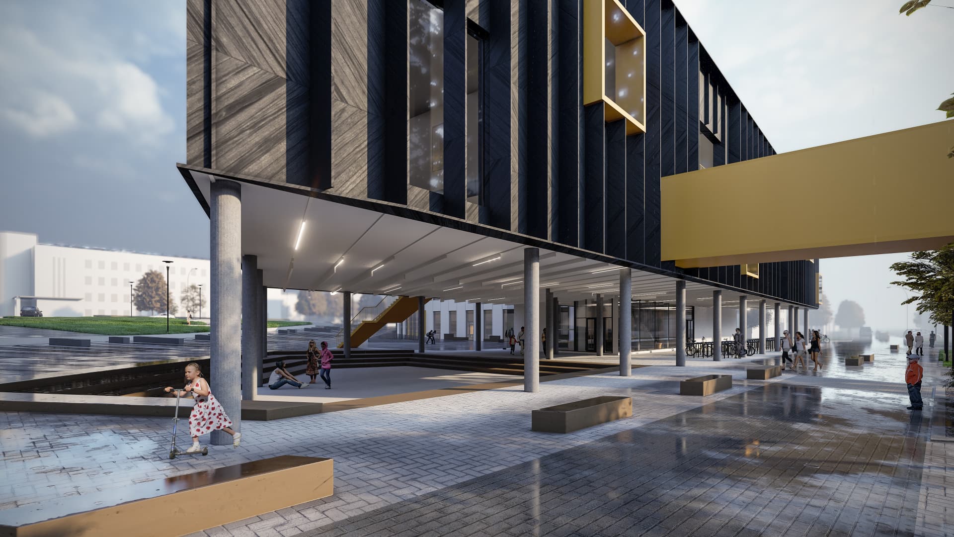 Rakvere State Gymnasium — covered colonnade beneath the raised volume