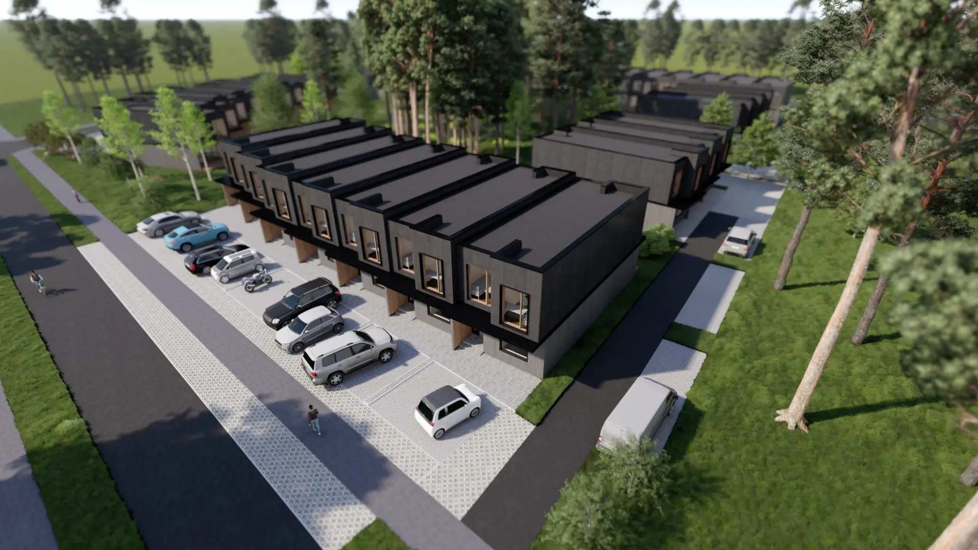 Laaneserva Row Houses, Viimsi — bird's-eye view of one row and its parking zone, visualisation by Tõnis Savi