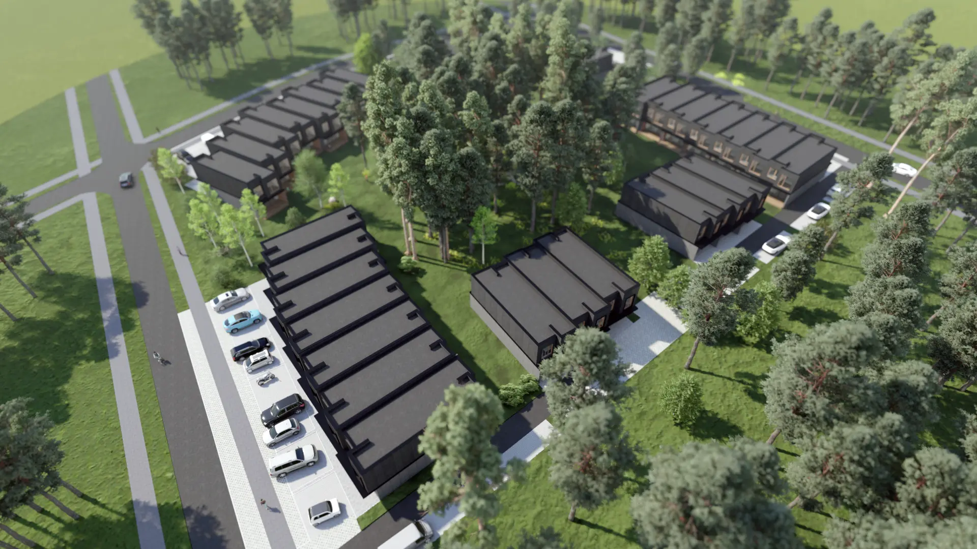 Laaneserva Row Houses, Viimsi — aerial view of the whole development among pines, visualisation by Tõnis Savi