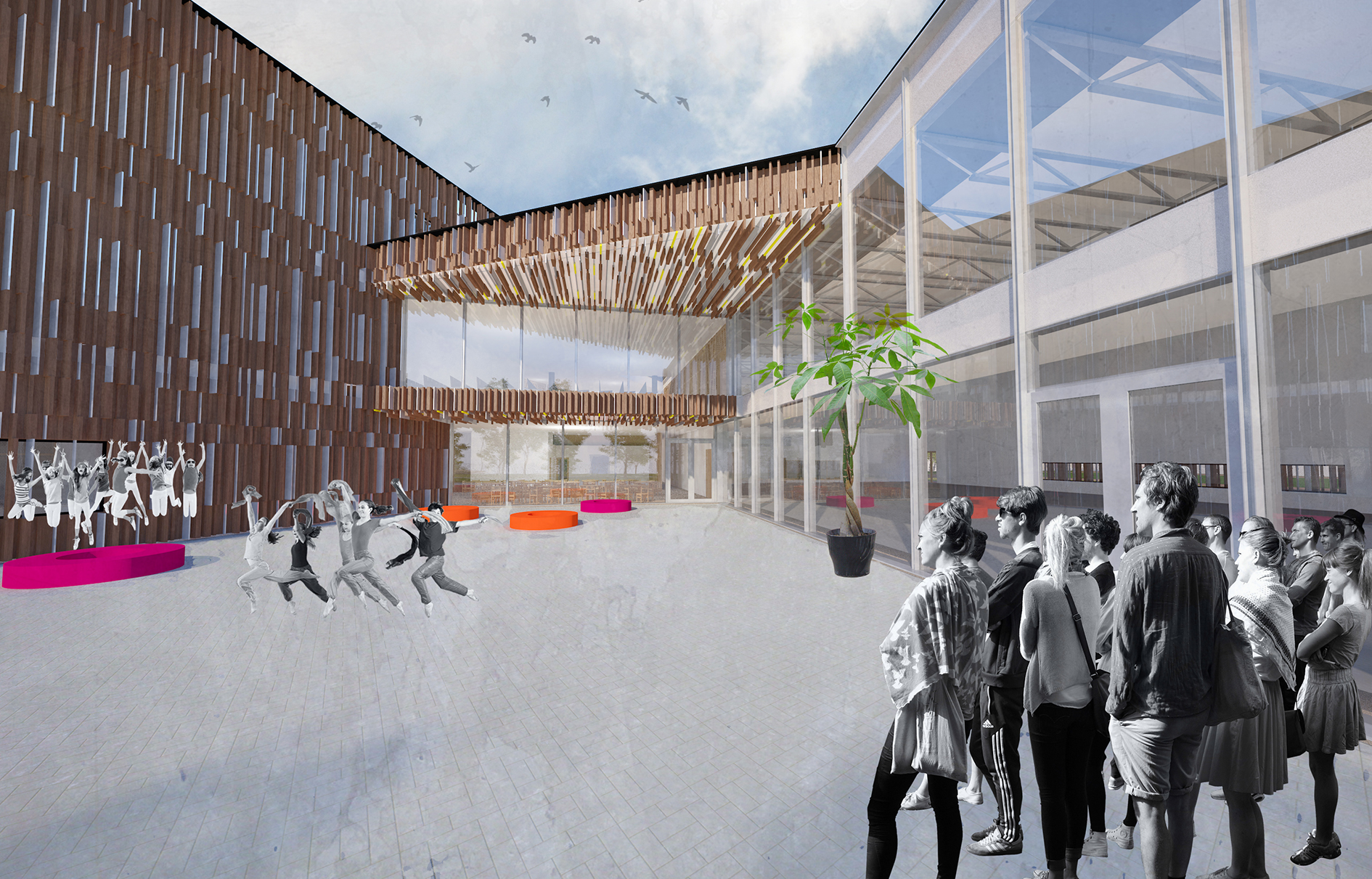Sillamäe Old Town School — sheltered courtyard under the timber canopy