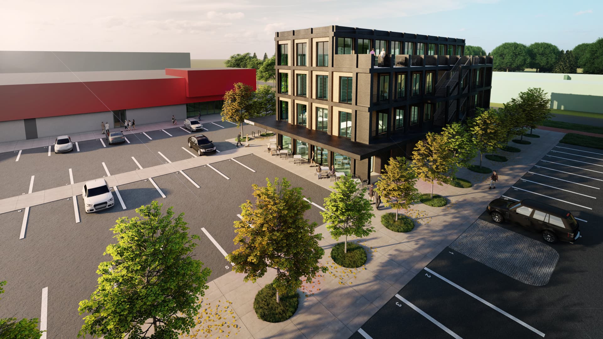 Saue Commercial Building — aerial view of the building and its parking forecourt, visualisation