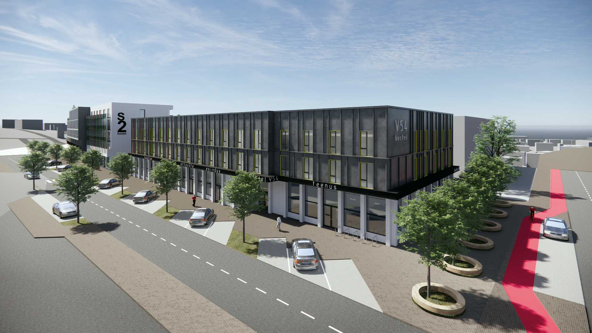 Veerenni 54 — aerial view of the street-facing hostel and hotel volumes, visualisation