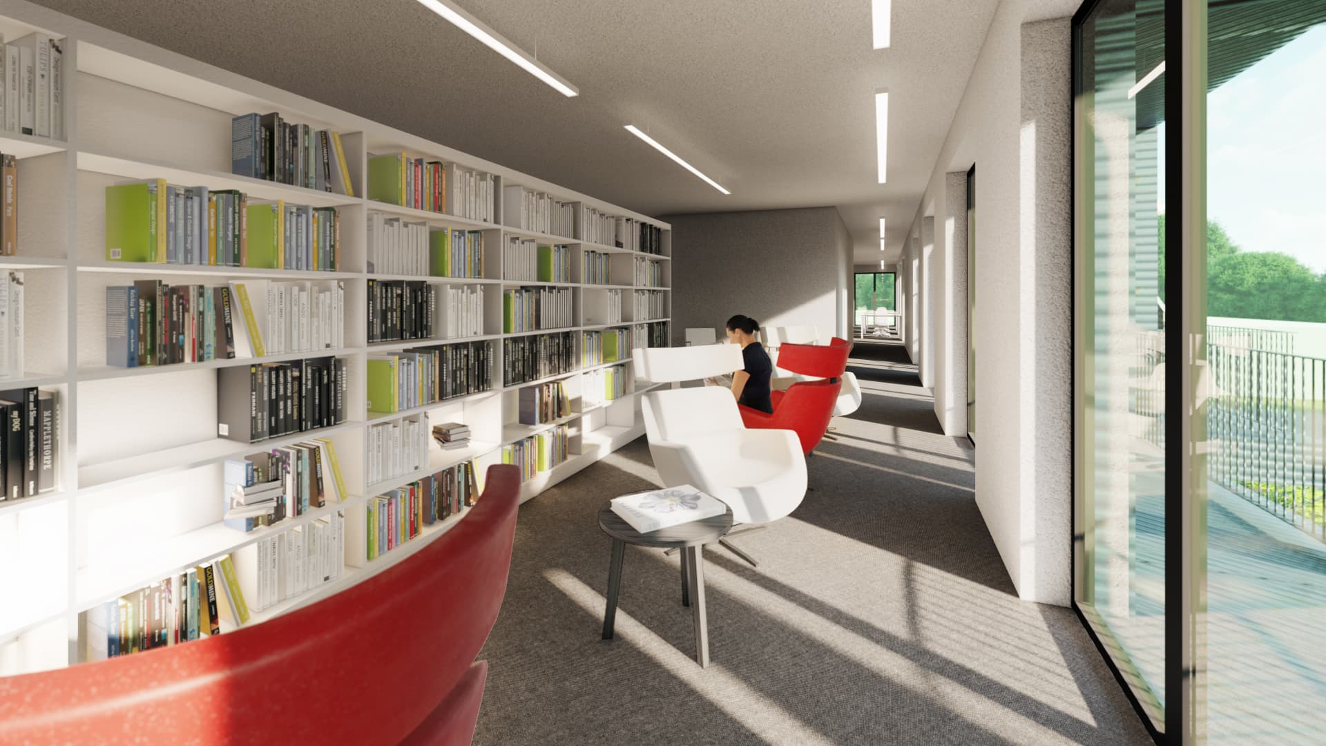 Saue Commercial Building — long library gallery with bookshelves and armchairs, visualisation