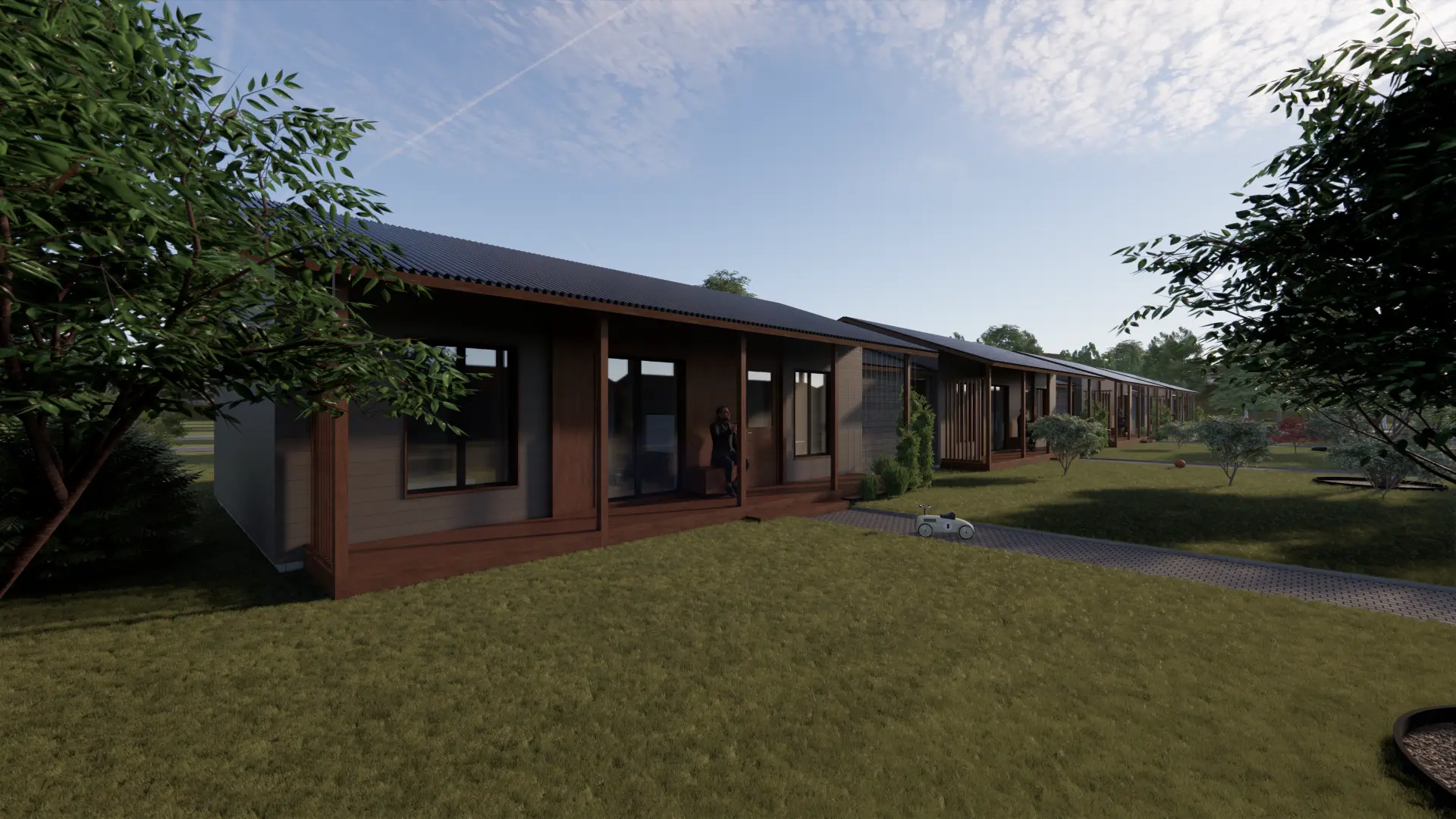 Kirsiaia Row Houses, Vääna — smaller house view from the lawn, visualisation by Tõnis Savi