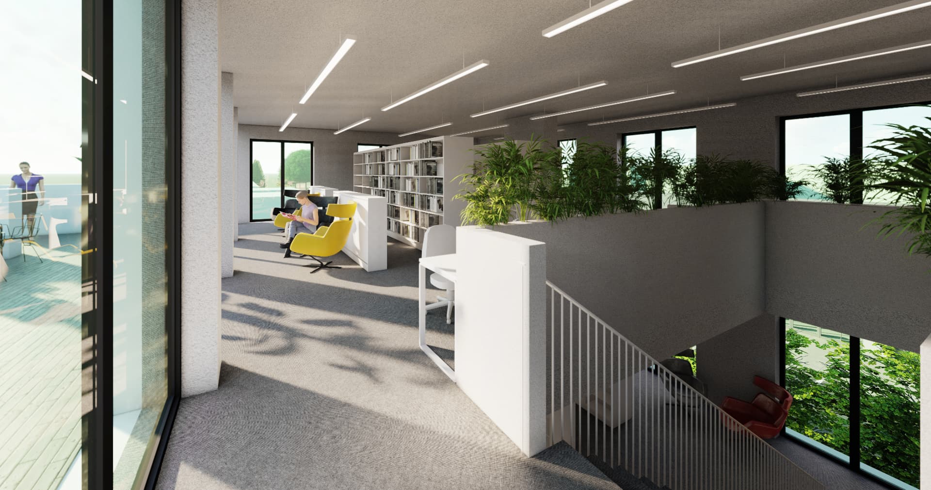 Saue Commercial Building — library interior with reading area and terrace, visualisation