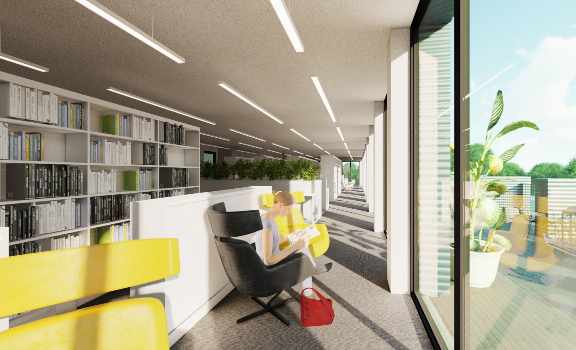 Saue Commercial Building — library reading nook along the glazed facade, visualisation