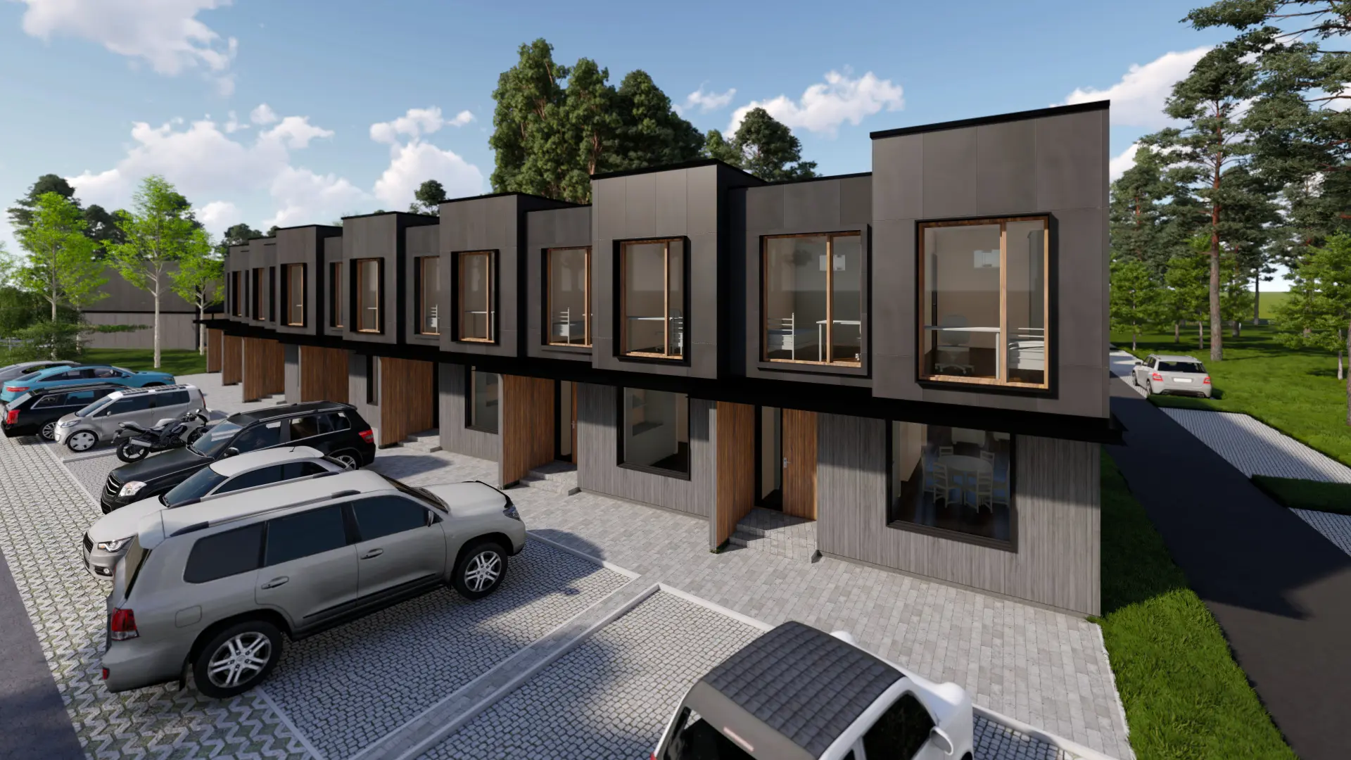 Laaneserva Row Houses, Viimsi — aerial view of the entrance side and parking, visualisation by Tõnis Savi