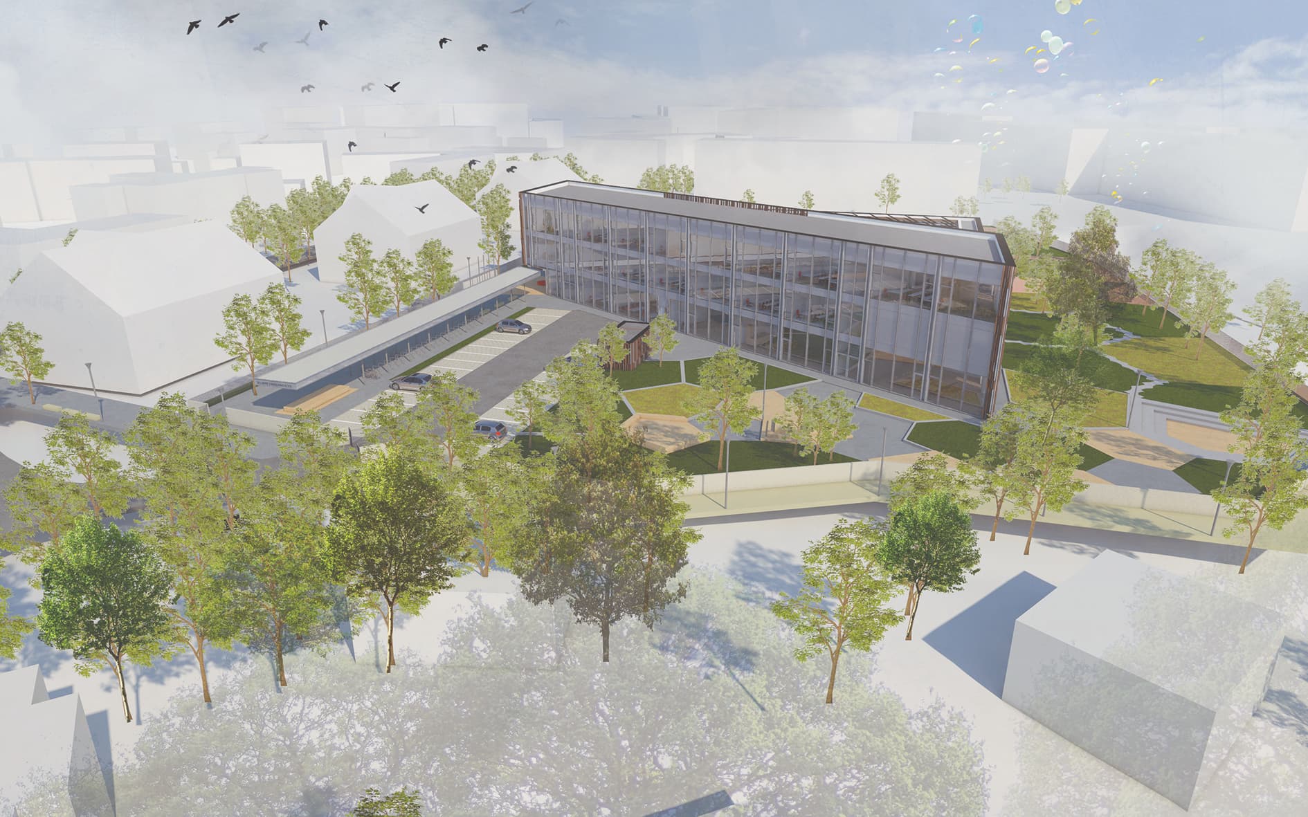 Sillamäe Old Town School — aerial view of the school and its square