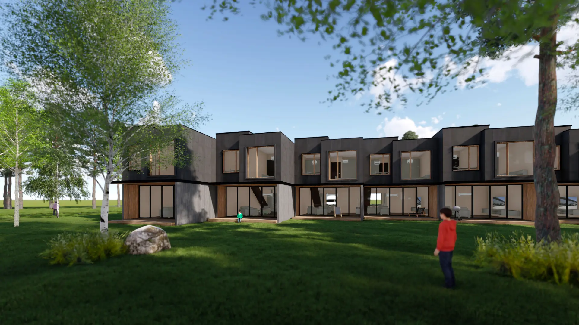 Laaneserva Row Houses, Viimsi — garden side with lawn and terraces, visualisation by Tõnis Savi
