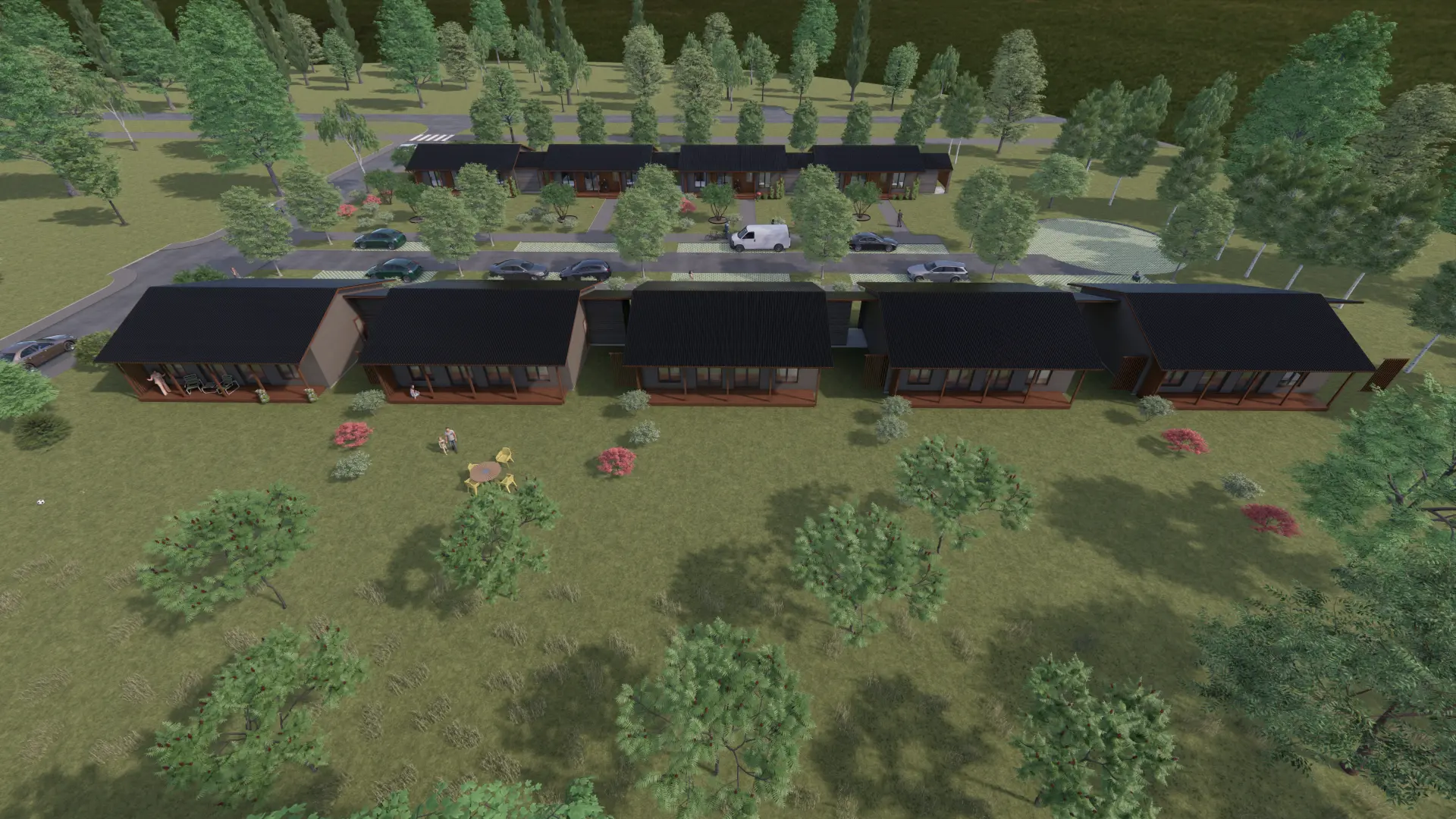 Kirsiaia Row Houses, Vääna — aerial view from the larger houses, visualisation by Tõnis Savi