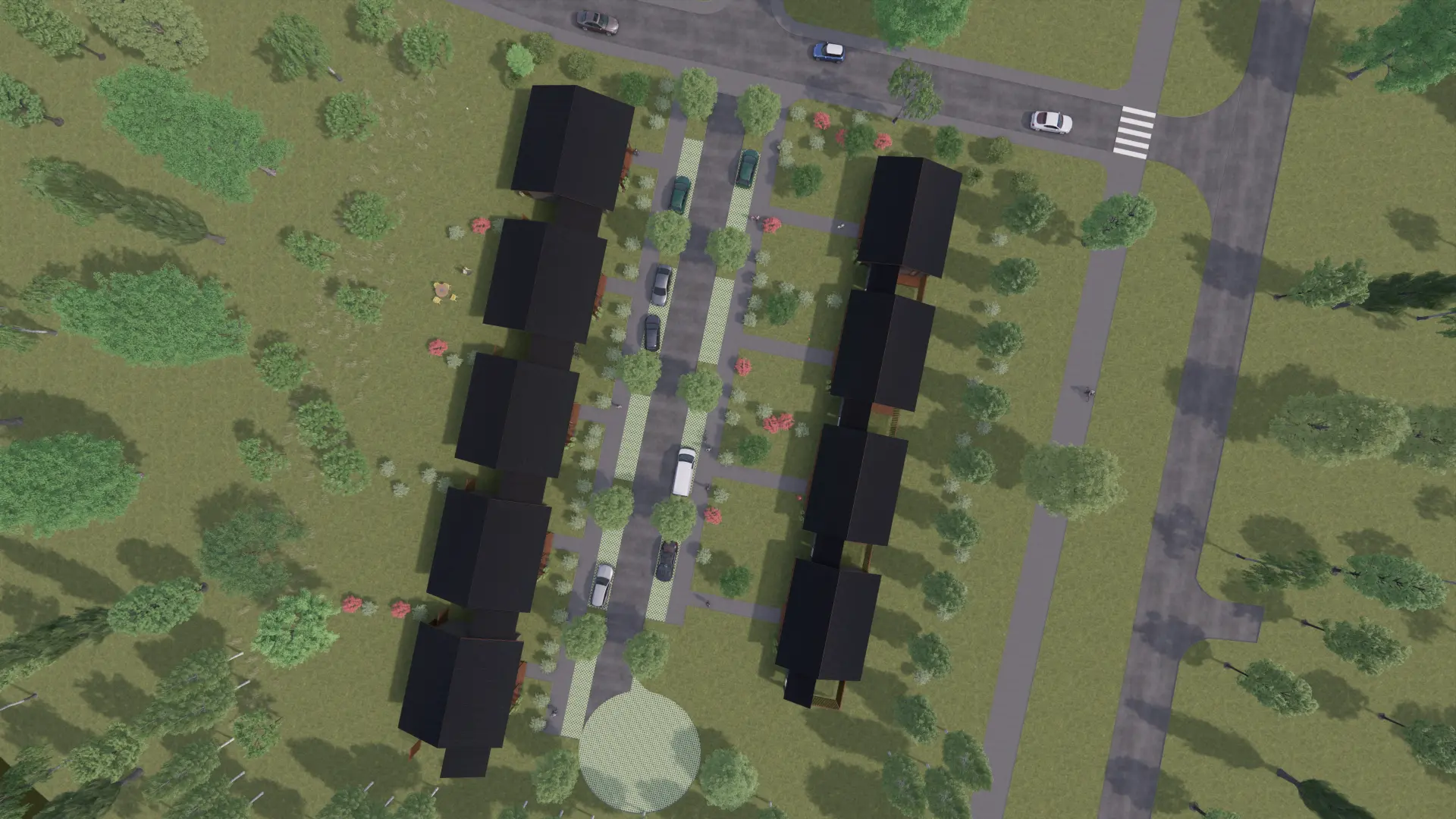 Kirsiaia Row Houses, Vääna — top-down site view and parking, visualisation by Tõnis Savi