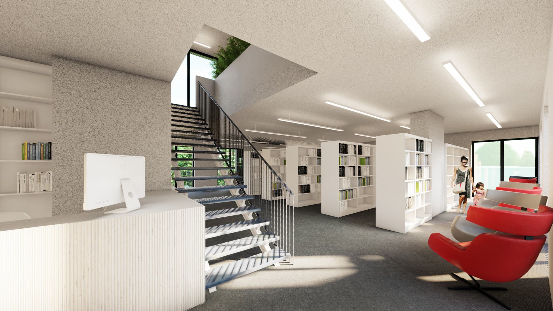 Saue Commercial Building — library floor with stair opening and bookshelves, visualisation