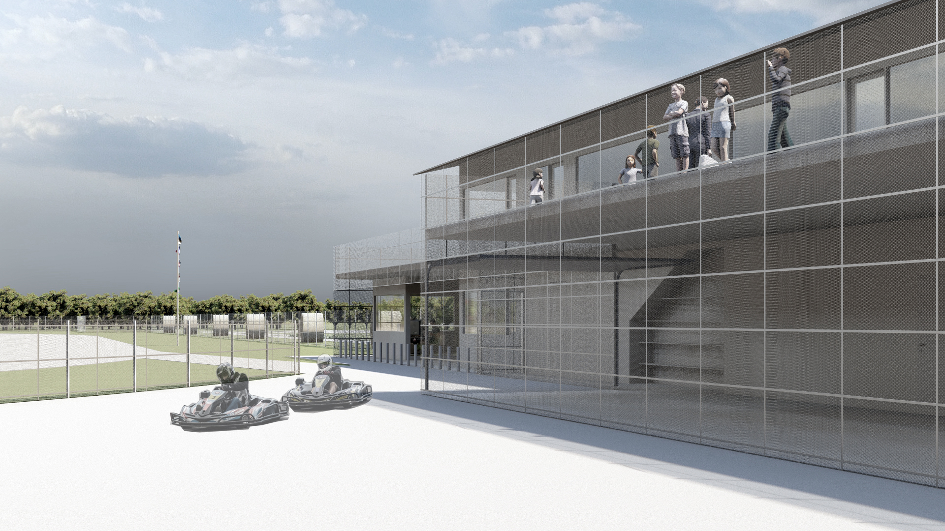 Käina Karting Centre — view towards the finish line with karts on the track, visualisation