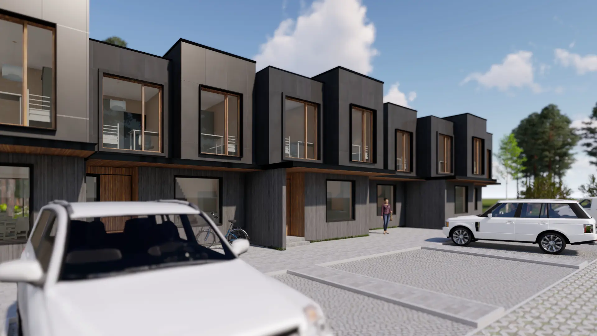 Laaneserva Row Houses, Viimsi — parking court between street and homes, visualisation by Tõnis Savi